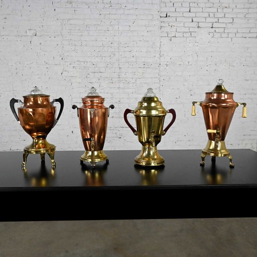 Vintage Art Deco Brass & Copper Coffee Urns Bakelite Handles Set of 4 - Picture 2 of 12