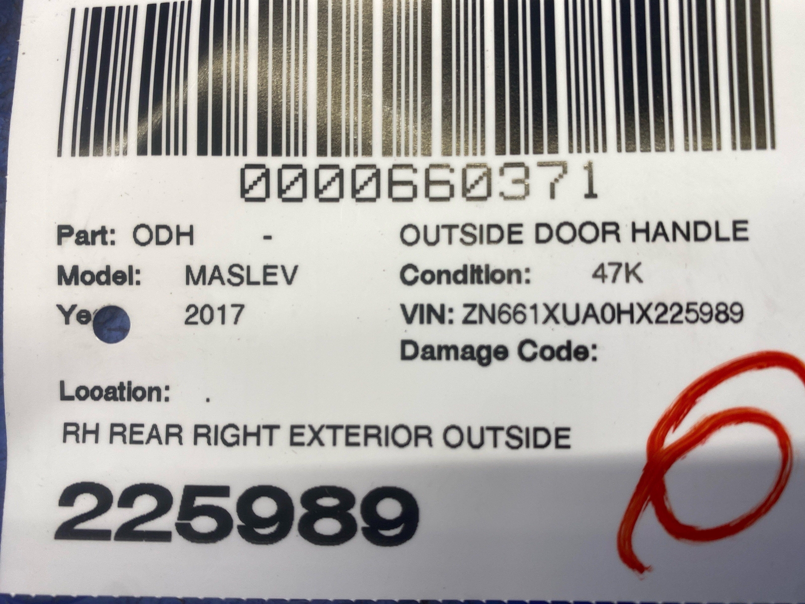 2017-2020 MASERATI LEVANTE REAR RIGHT EXTERIOR OUTSIDE DOOR HANDLE ASSEMBLY OEM