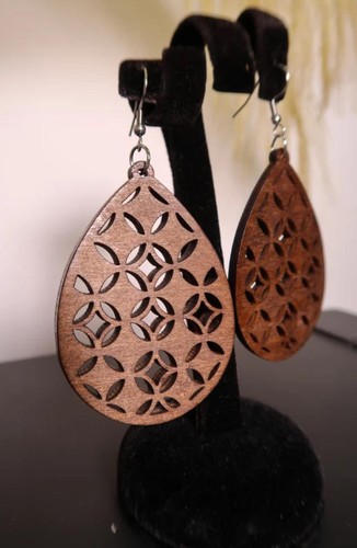 Earrings 925 ECO organic big Wooden Round Hollow Cut Out Boho Retro Dangle Drop - Picture 83 of 89