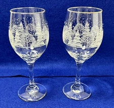 Vintage 2 Libby Arby’s Stemmed Glass Goblet Gold Rim White Winter Snow Trees