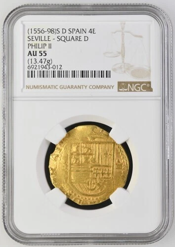 (1556-98)S D SPAIN SEVILLE - SQUARE D PHILIP II 4 ESCUDO NGC AU 55 CERT
