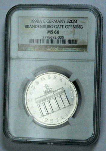 RARE GRADED NGC MS66 1990A E.GERMANY BRANDENBURG GATE OPENING Silver 20Mark COIN