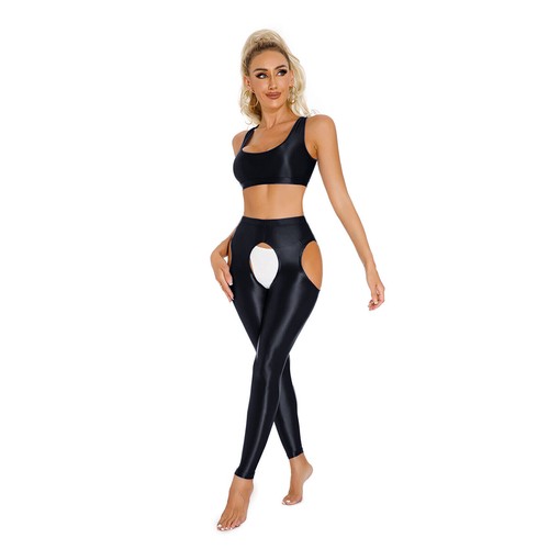 Canotta donna 2 pezzi lucida ghiaccio seta crop crop con pantaloni all'uncinetto aperti tute - Foto 10 di 88