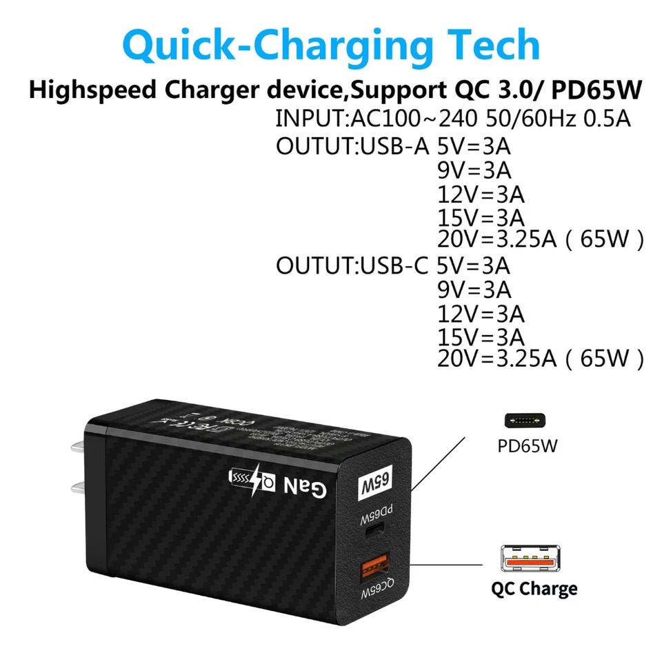 65W GaN USB-C Type C Fast Wall Charger PD+QC3.0 Power Adapter Charging Plug US - Image 4 of 4