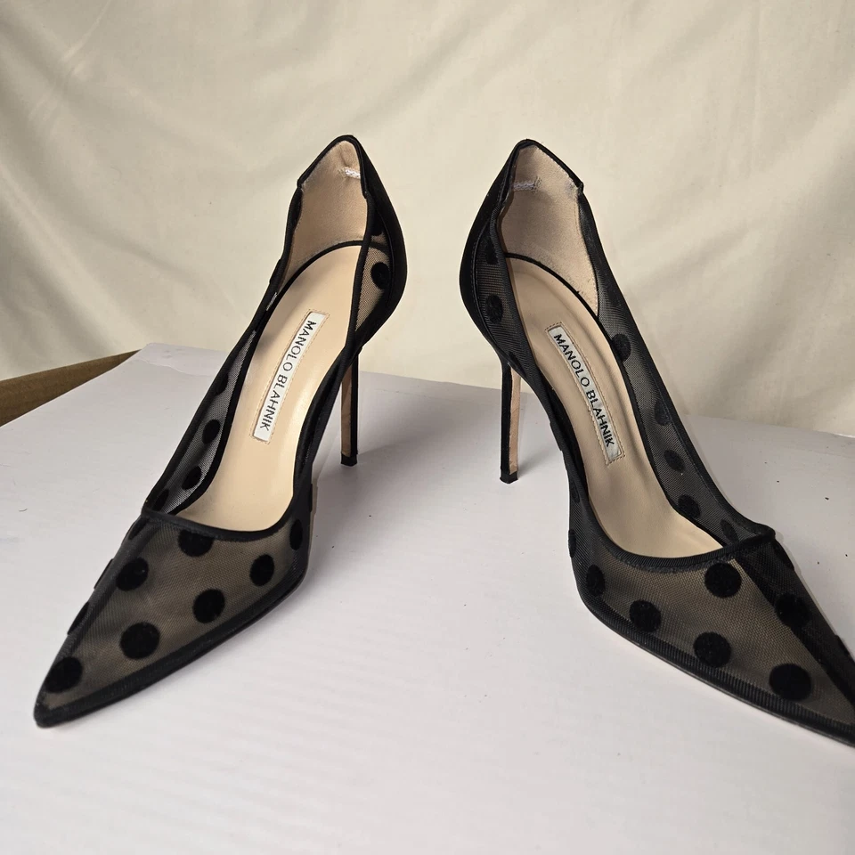 Zapatos de salón Manolo Blahnik BBLA 105 satinado lunares malla flocada Foto 3 de 4