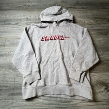 Nike Hoodie Boys L Gray Red Swoosh Graphic Pullover Sweatshirt Embroidered Logo