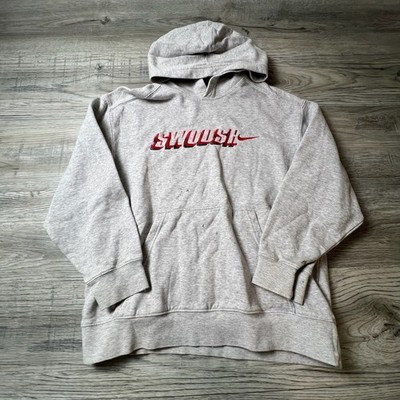 Nike Hoodie Boys L Gray Red Swoosh Graphic Pullover Sweatshirt Embroidered Logo