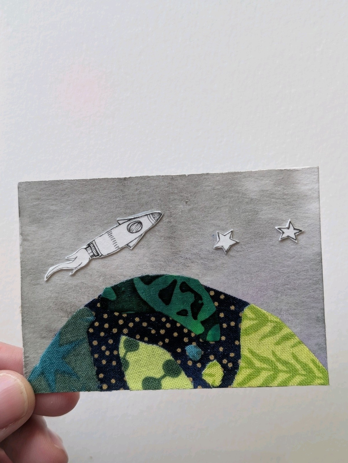 ACEO Original Art Mixed Media Rocketship In Space Signed by artist Therecreative