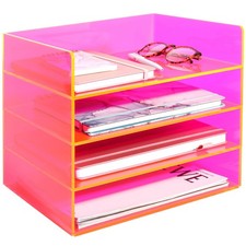 Acrylic File Organizer for Desk 4 Tiered Stackable Letter Tray Office Paper S...