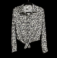 Joie Cream Black Leaf Print Button Front Tie Shirt Womens Size S Long Sleeve