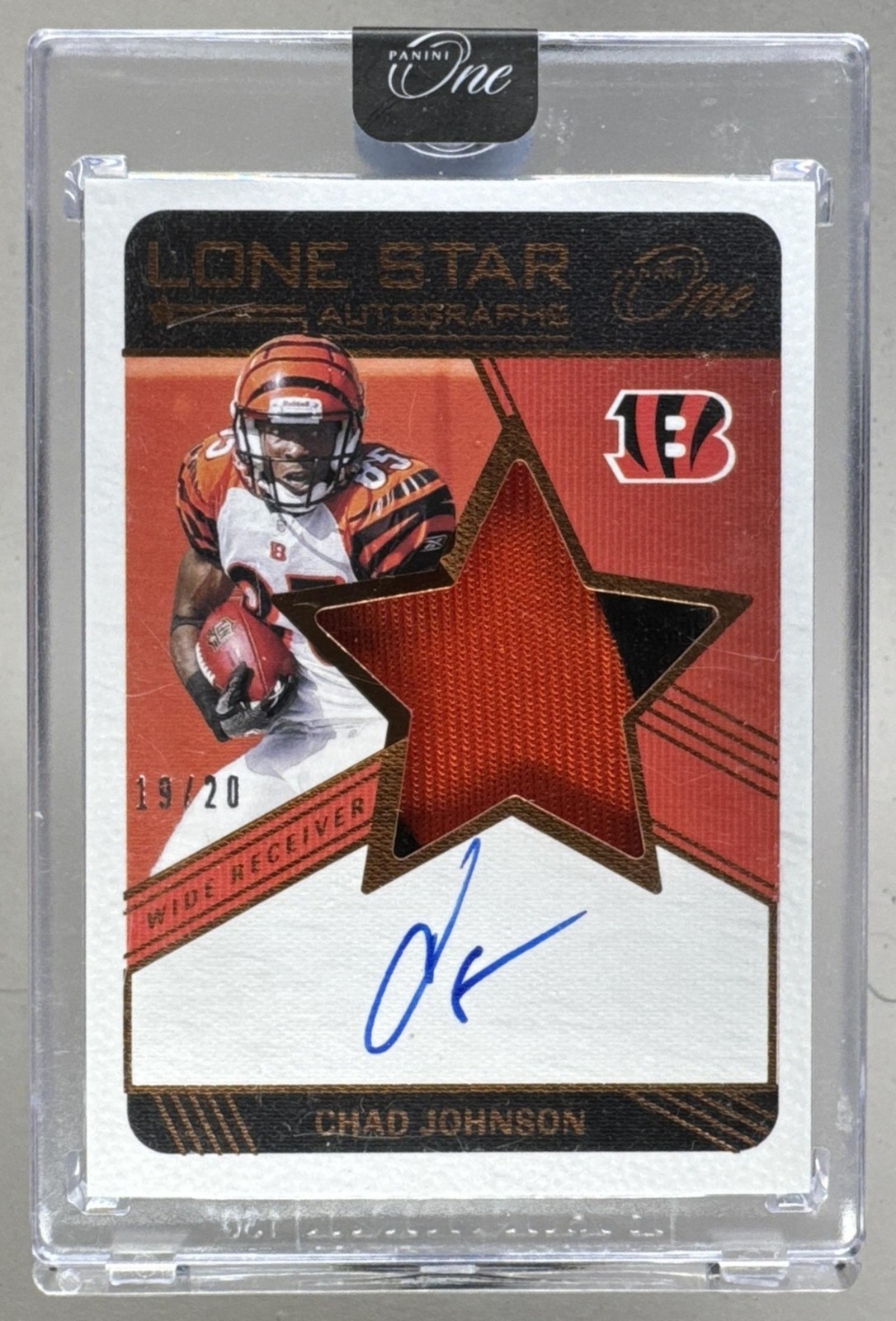 Chad Johnson 2022 Panini One #96 Blue 2021 Update: Lone Star GU Patch Auto /25
