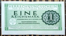1 German Reichsmark WW2. Wehrmacht military currency. UNC. 1944