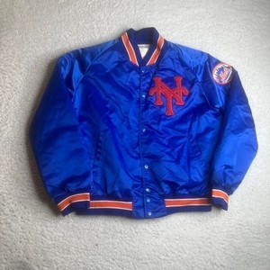 1986 New York Mets  pyramid men's blue embroidered satin bomber jacket mlb M