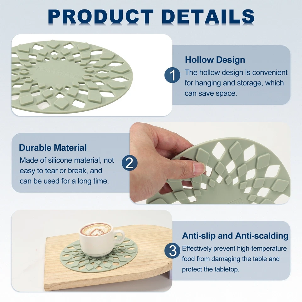Juego de 2 alfombrillas trivet de silicona, remaches redondos de 6,7" para ollas y sartenes calientes, verdes Foto 3 de 4