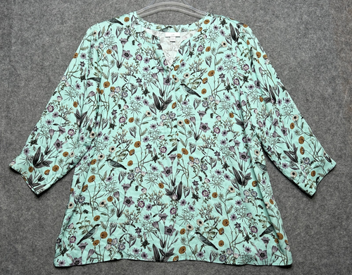 J Jill Blouse Women Large Green Blue Floral Bird EcoVero Viscose Top Silky Light