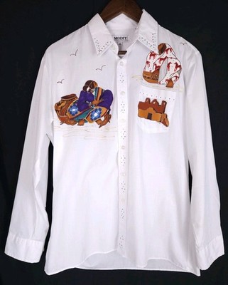 Vintage Modit Size Medium White Button-Up Hand Painted Navajo Western Shirt