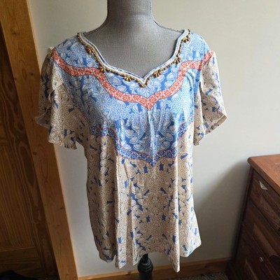 Ruby Rd Womens XL Floral Beaded V-Neck Top Blue Orange Coastal Knit Blouse NWT