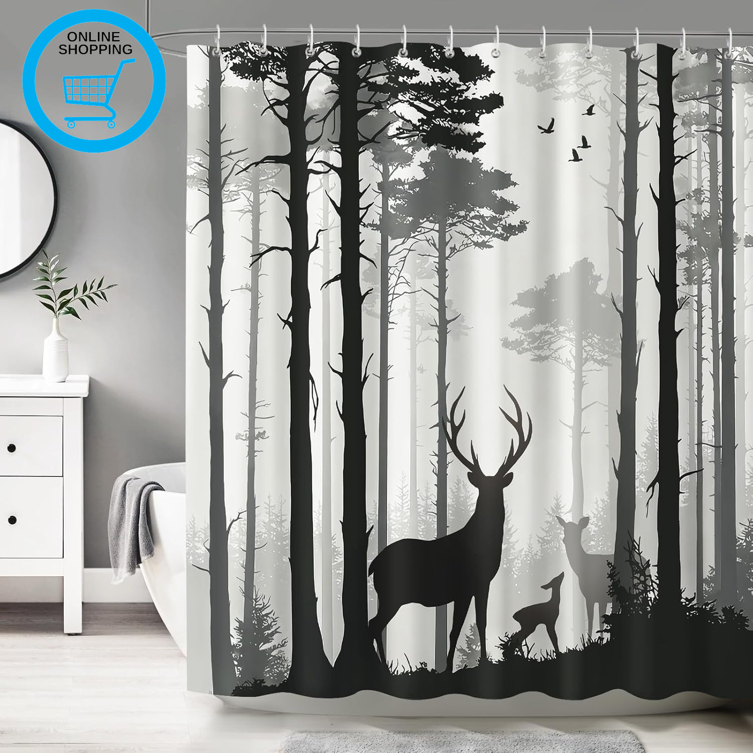Deer Forest Shower Curtain, Rustic Pine Trees Bathroom Curtain Waterproof Mould