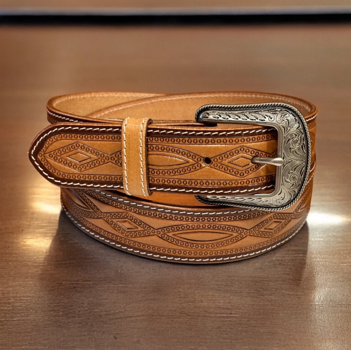 Brown Faux Leather Tooled Belt Vegan Casual Unisex Buy Tooled Leather Belt Strap | Black Full Grain  main image 4
