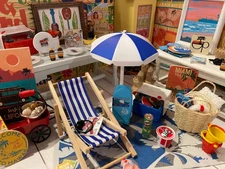 Miniature dollhouse 1:12 wooden beach chair picnic set fishing Pole Bucket beer