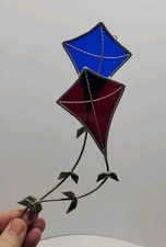 Stained Glass Flying Red Blue Kites with Tails Hanging Sun Catchers Silver Tone