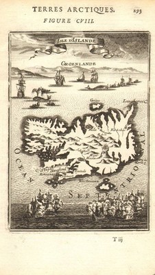 ISLAND. Walfang Schiffe Vignetten Hekla Vulkan. MALLET 1683 Karte