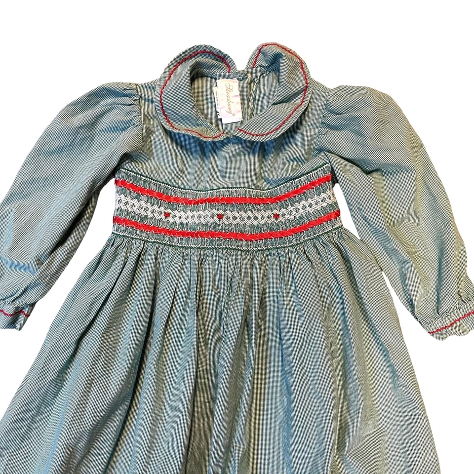 Vestido Strasburg Vintage Guinga Verde Rojo Vacaciones Manga Larga Algodón Talla 4 Foto 2 de 4