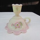 Fenton Burmese Basketweave Floral Hand Painted Chamber Candlestick Holder W2004