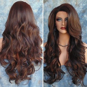 Silky Long Curly Wavy Lady Wig Brown Synthetic Kinky Curly Full