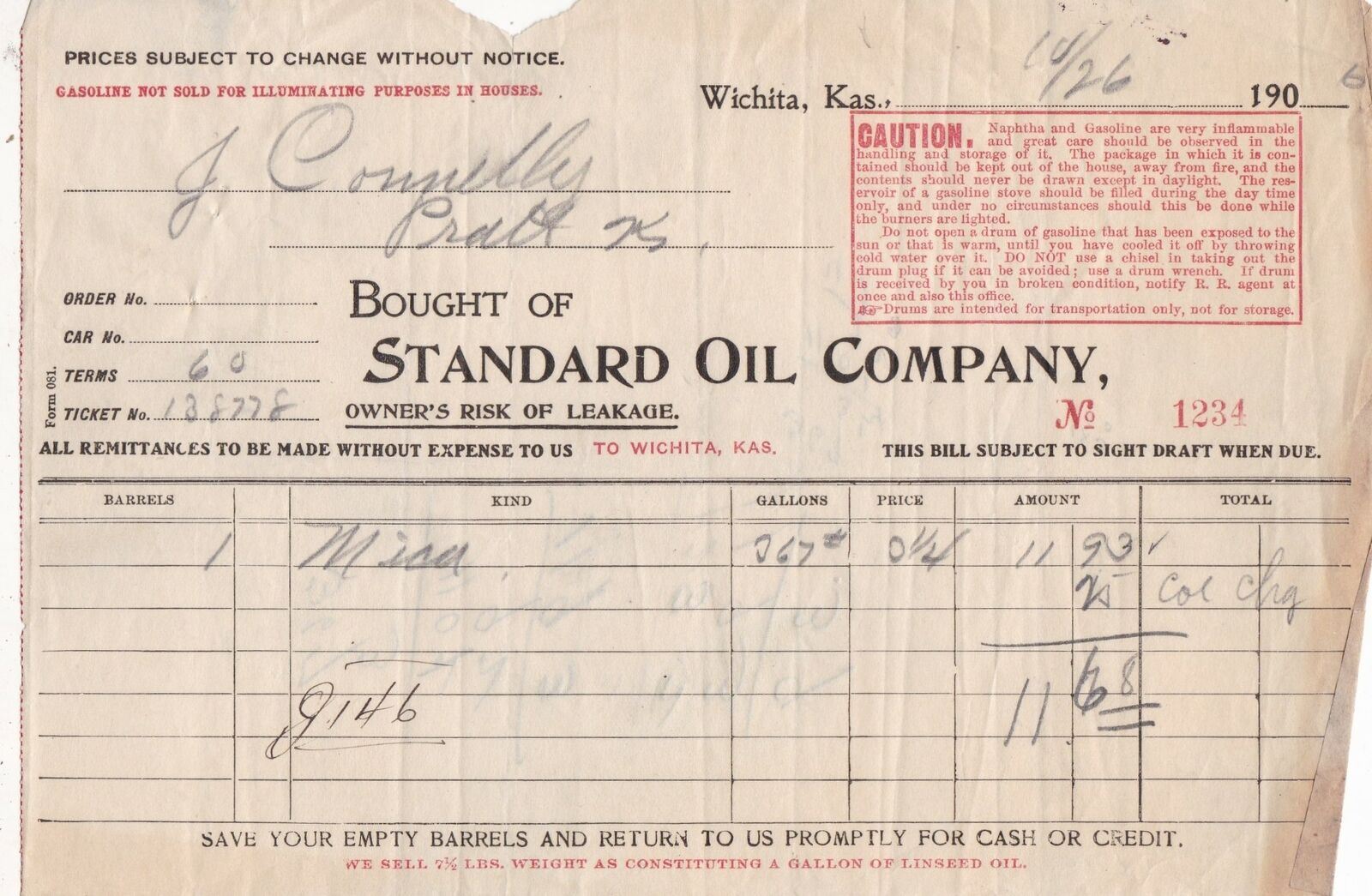 U.S. STANDARD OIL COMPANY, Wichita, Kansas. 1906 Invoice Ref 44351