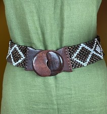 Vintage Wooden Beaded Belt w/ Wood Buckle Stretch Boho Hippie