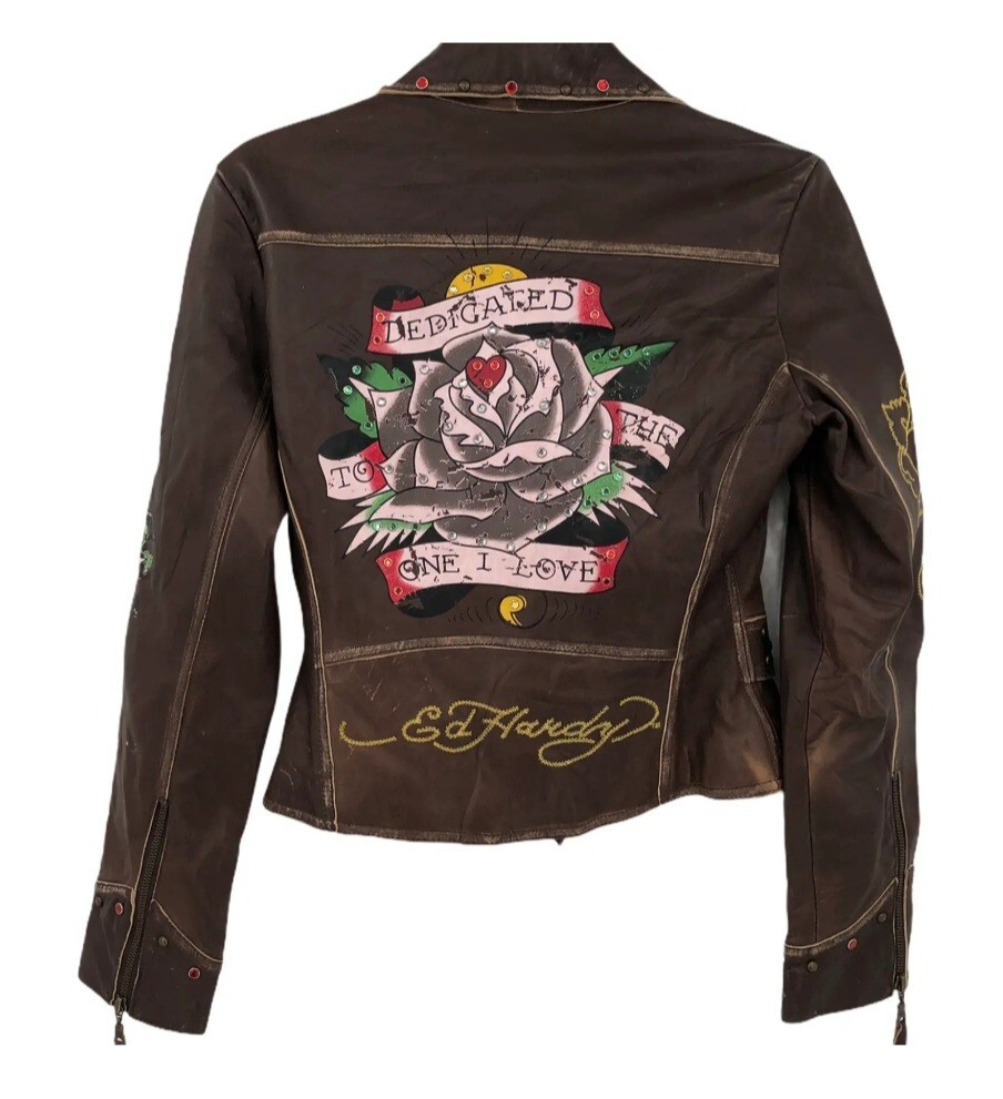 🚨🔥Vintage Ed Hardy Hardy Christian Audigier Womens Leather Jacket SM Moto image 5