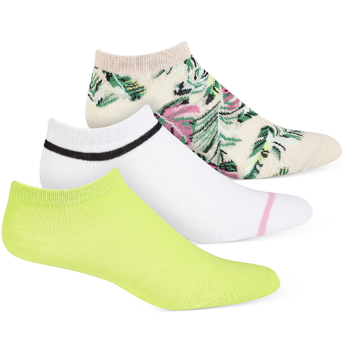 JENNI Women's 3-Pack Palm Neon No Show Socks One Size White Green Tan