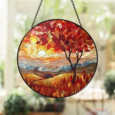 Sunset Fall Leaves Window Stained Glass, Suncatcher Window Hanger, Autumn Gift