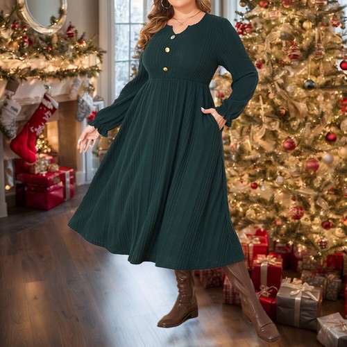 Plus Size Womens Ribbed Midi Dress Pockets Baggy Long Sleeve Button Jumper Dress - Picture 11 of 16