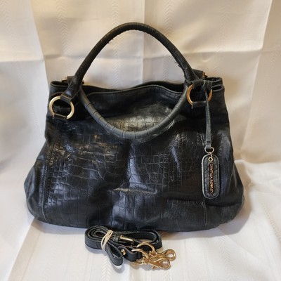 Cynthia Rowley Large Black Reptile Embossed Distressed Leather Shoulder Hobo Bag