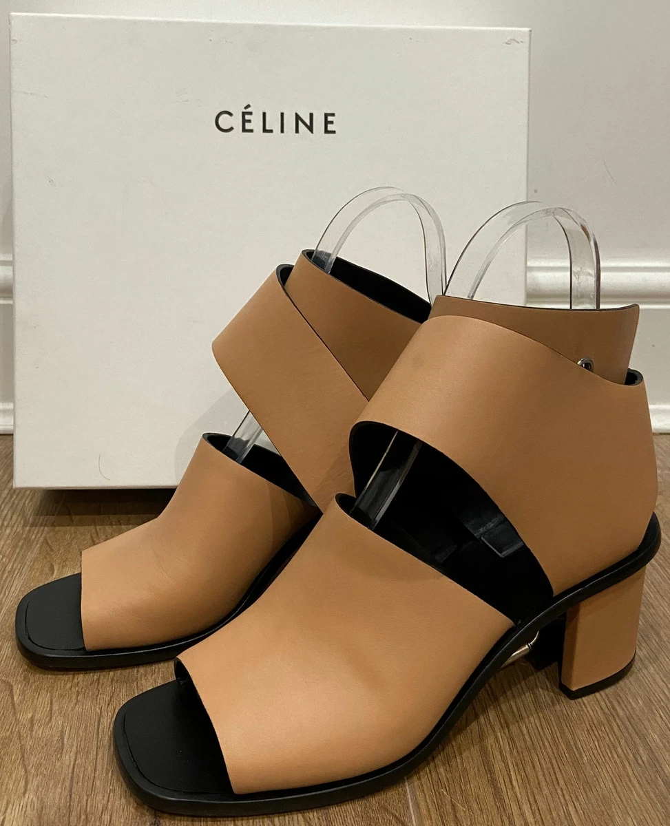 CELINE Nude Beige Leather Chunky Buckle Fastened Peep Toe Sandals Shoes EU40 UK7