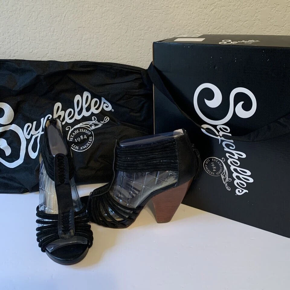 Sandalia Seychelles Bloque de Madera Plataforma Gamuza Correas Cuero Negro Zapatos 9 Tacones Foto 2 de 4