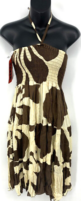 Island Style Halter Dress One Size Aloha Hawaiian Brown Tan Tropical New B34FS