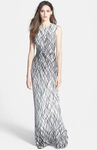 BCBG MaxAzria Size 6 Sleeveless Back Detail Modern Brushstroke Print Gown EUC