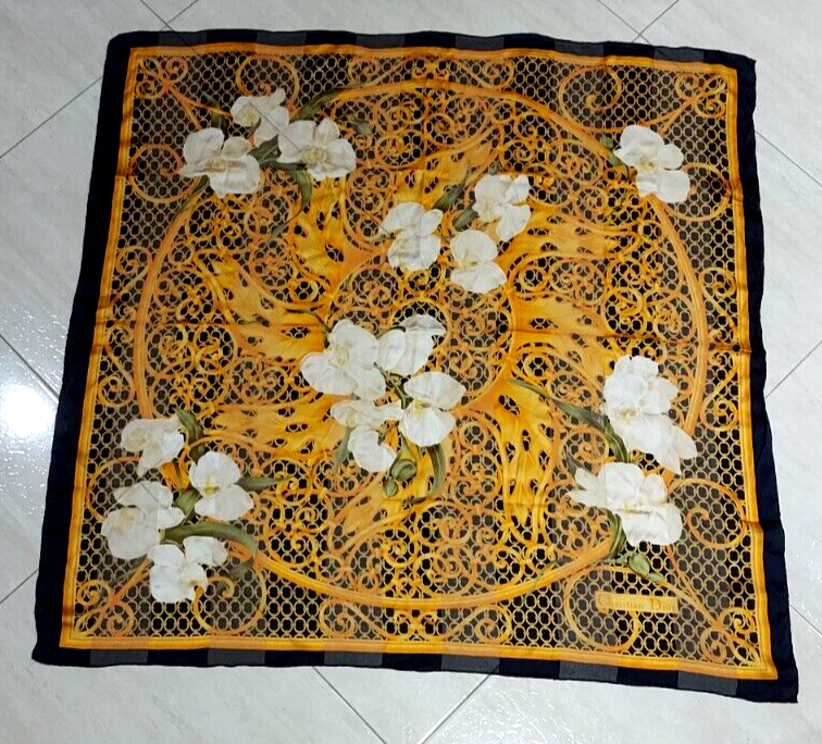 Chic Scarf CHRISTIAN DIOR Bloom Flowers Dark Blue Golden Striped