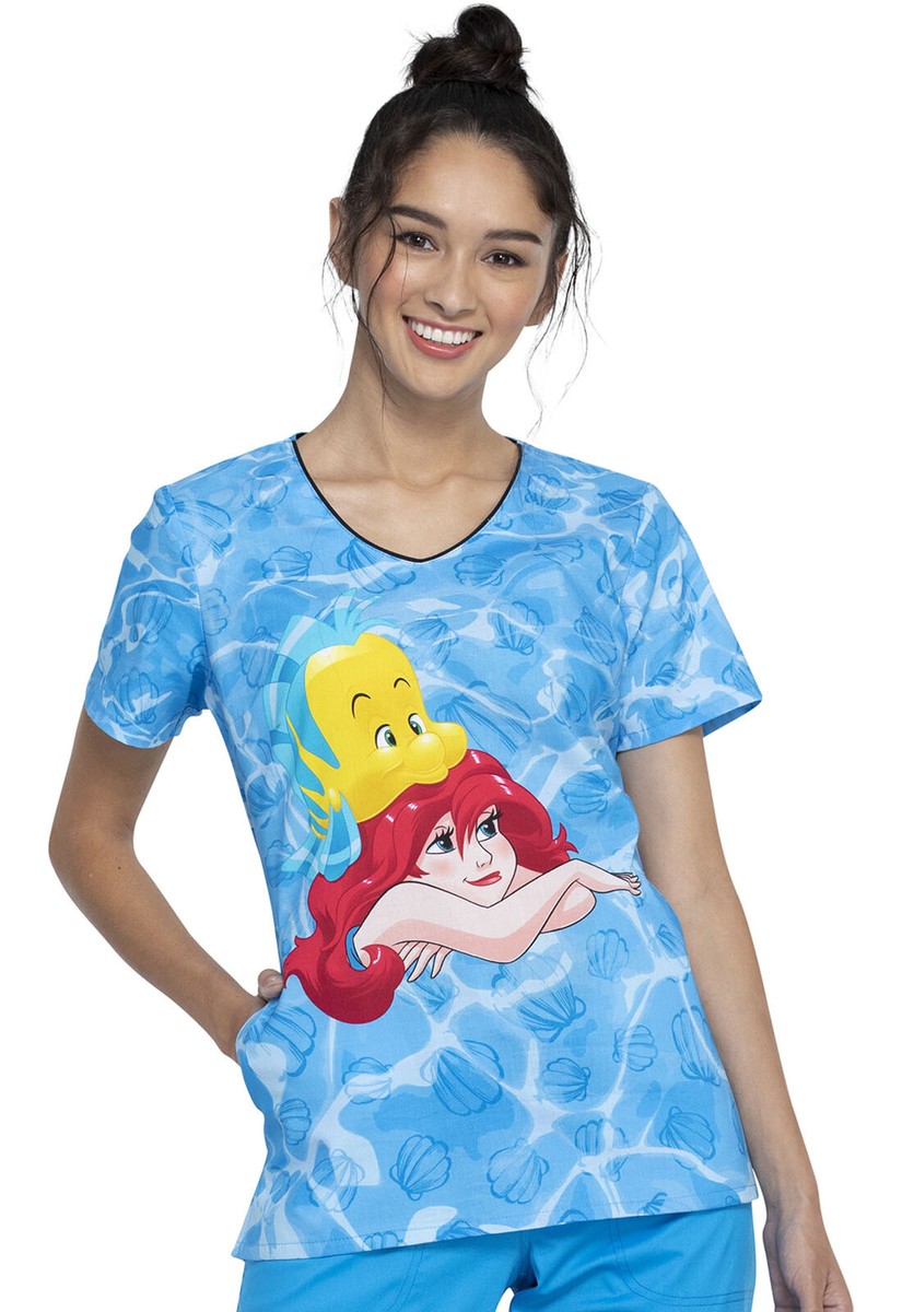 Little Mermaid Cherokee Scrubs Tooniforms Disney V Neck Top TF626 LMFL