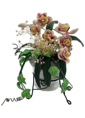Dollhouse Pale Pink Flowers in Large Ceramic Garden Urn & Black Tripod Stand