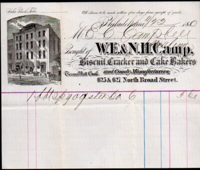 1880 Philadelphia - W E & N H Camp - Biscuit Cracker & Cake - Letter Head Bill