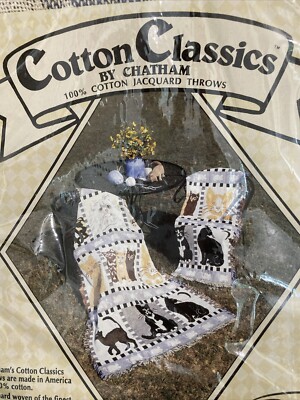 Vintage NOS 90s Cotton Classics By Chatham  Cat Fringed Afghan Throw Blanket