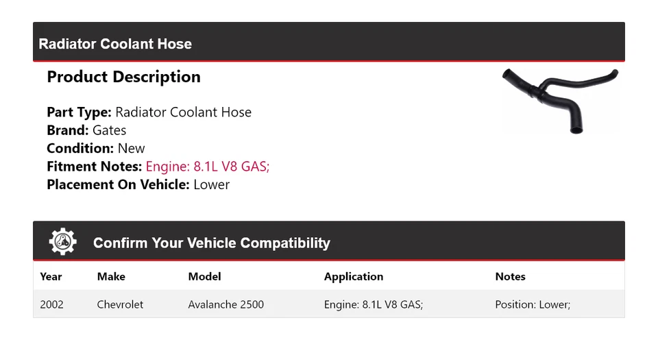 Para 2002 Chevrolet Avalanche 2500 8.1L V8 GAS radiador líquido de arrefecimento mangueira portões inferiores - Imagem 2 de 4