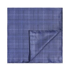 Men's 100 Silk Twill Cerulean blue Dark grid Hand Rolled Pocket Square 21" 53cm