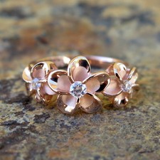 Hawaiian Silver Rose Pink Gold 3 Plumeria Flowers CZ Wedding Ring Band SR3379