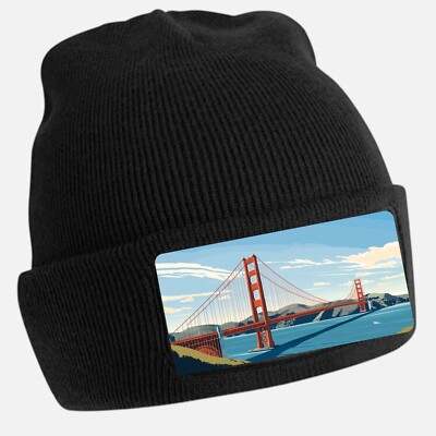 Black Beanie Hat with Cool Golden Gate Bridge Motif - Unisex Cap, Cotton