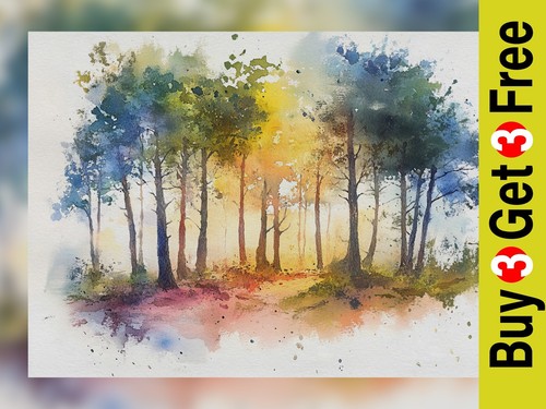 Colorful Forest Sunrise 5"x7" Print on Matte Paper | Vibrant Nature Watercolor